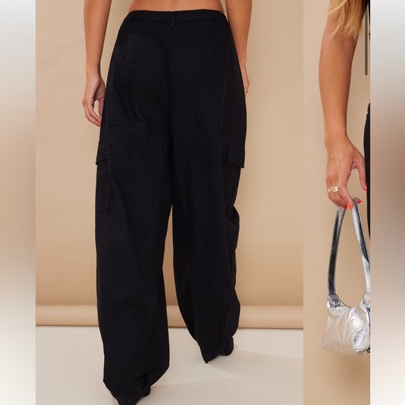 Pretty Little Thing Black Baggy Low Rise 90's Cargo Trouser Pants US 2 Office - Picture 7 of 15